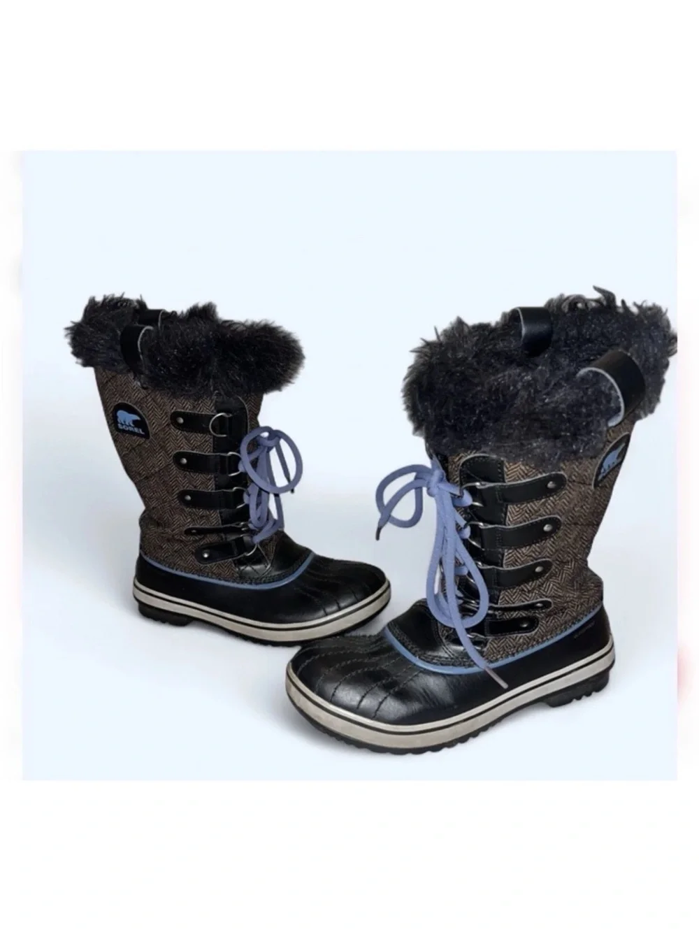 SOREL TOFINO Women’s Black Brown Herringbone Waterproof Snow Boot Blue Laces 7.5